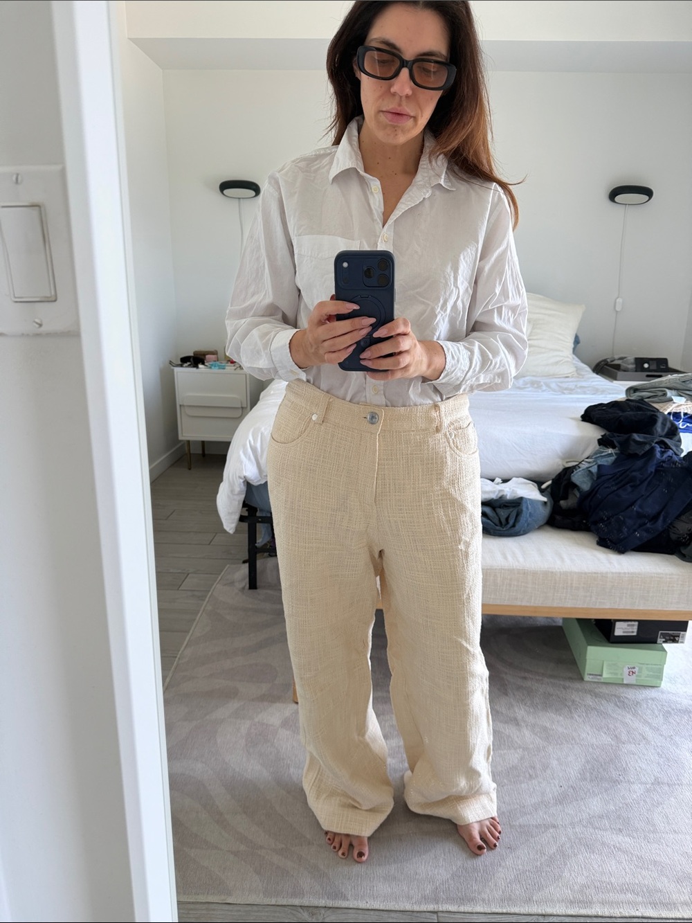 Staud Cream Wide-Leg Light Weight Tweed Pants